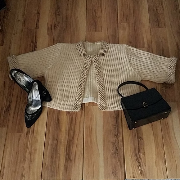 Vintage 50s Crop Sweater with Tiny Faux Pearls - Picture 1 of 10